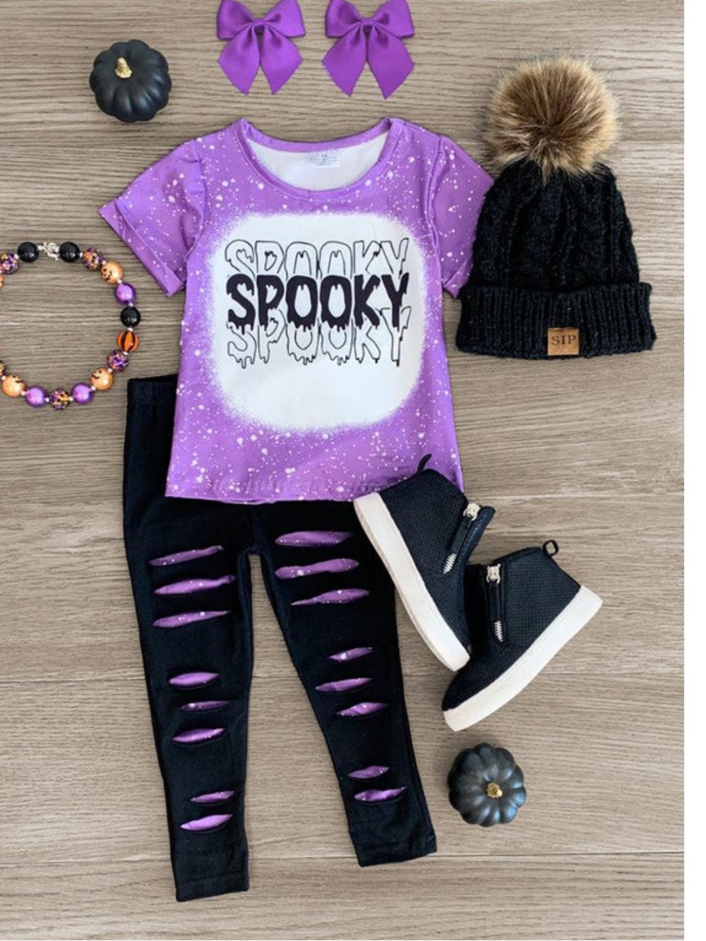 Kids' Purple Spooky Halloween Tee & Black Ripped Leggings Set